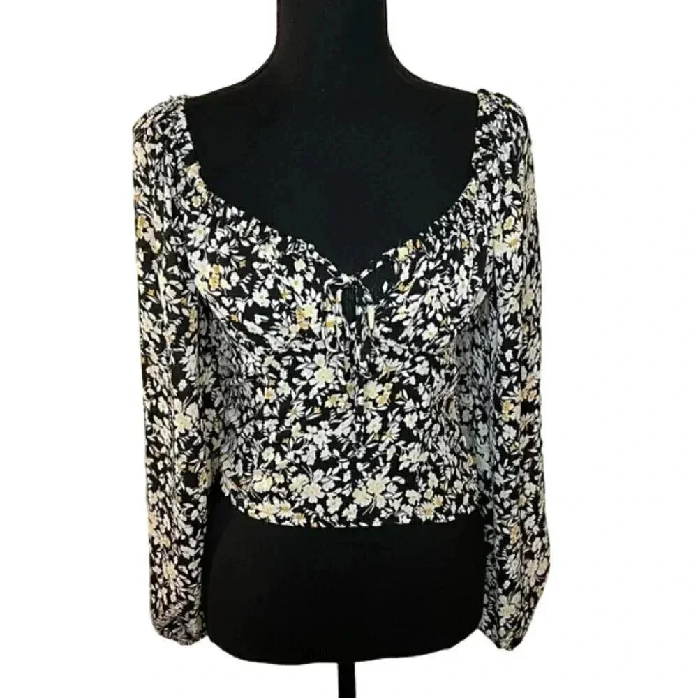 Sienna Sky Small Black Yellow Floral Square Neck Crop Smocked Top
